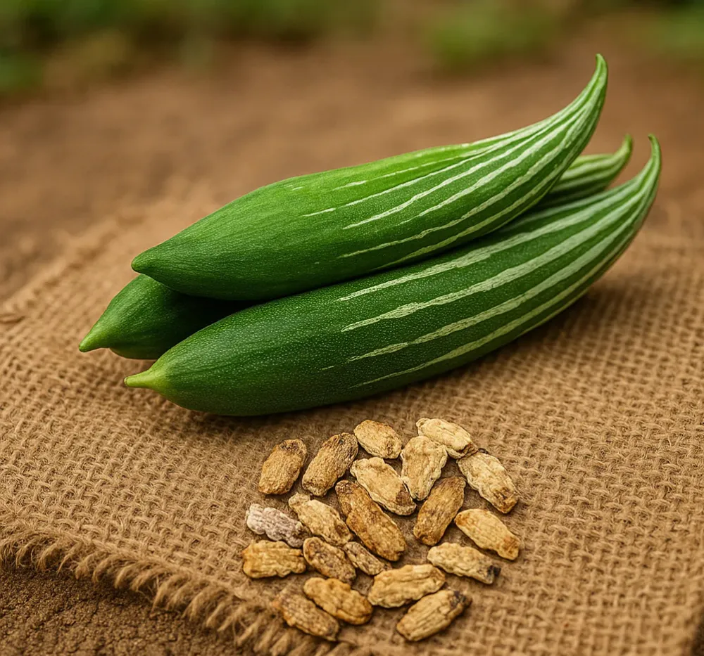 Linga Potlakaya Plant – Organic Snake Gourd White Stripe Variety | Bhooloka Swargam Seeds