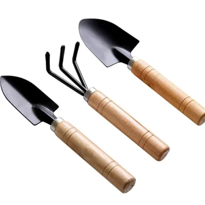 Three garden hand tools with wooden handles displayed neatly on a white background for clear visibility.