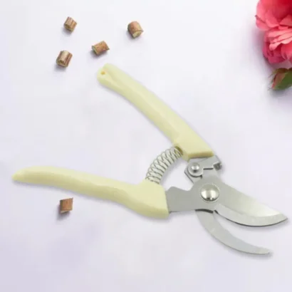 Close-up view of heavy-duty stainless steel pruning shear blades showing sharp edges and durable construction.