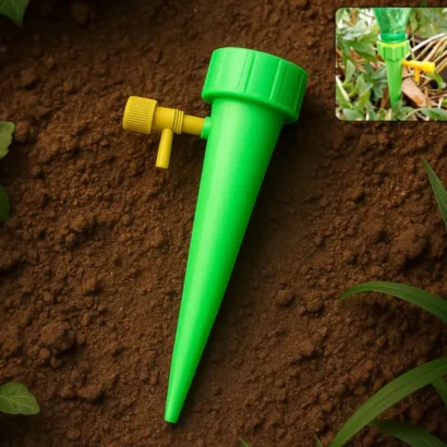 Green plant self-watering spike attached to a bottle, slowly dripping water into a pot for automatic plant watering.