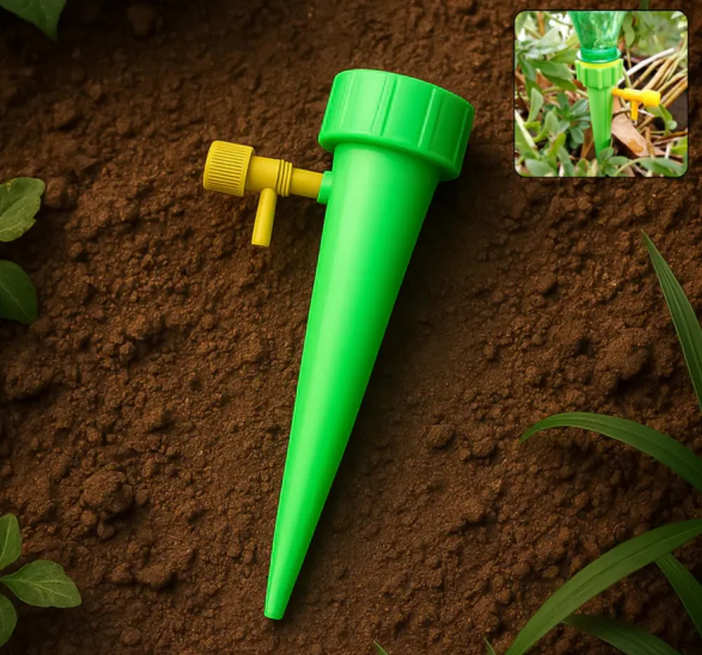 Self-Watering Spike for Plants – Green Automatic Water Dripper Green plant self-watering spike attached to a bottle, slowly dripping water into a pot for automatic plant watering.