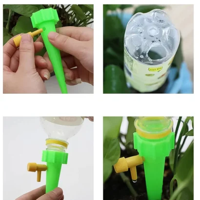 Green plant watering drippers placed in multiple pots for consistent water supply and easy plant care.