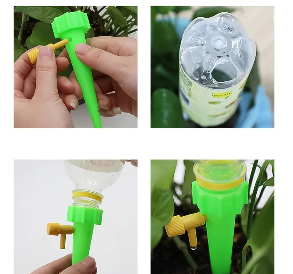Green plant watering drippers placed in multiple pots for consistent water supply and easy plant care.